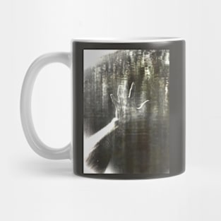 Digital collage, special processing. Reaching hand above water. Like pool. Very beautiful. Gray and green. Mug